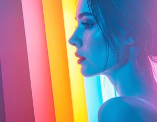 Woman's profile illuminated by vibrant colorful lights.