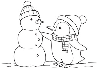 Horizontal Kids Coloring Page of a Cute Penguin Building a Snowman, Winter Fun Scene with Hats and Scarf, Playful Holiday Illustration in A1 ISO EPS Vector, Clean Line Art
