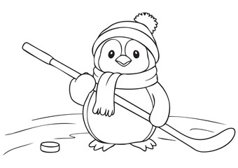 Print Ready EPS Vector A1 ISO, Horizontal Kids Coloring Page Showing a Penguin Playing Ice Hockey with Stick and Puck, Cute Winter Character Wearing Hat and Scarf, Clean Line Art Scene