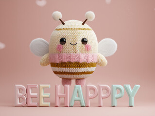 Knitted plush bee toy with cute smile and bee happy pun text on soft pastel pink background