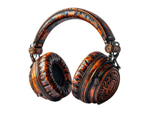 Ornate, metallic steampunk headphones isolated on black background