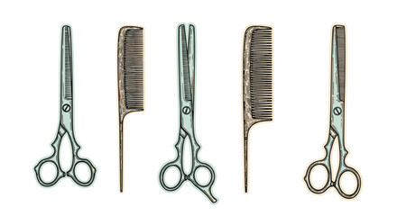 Set of professional hairstyling tools, including ornate vintage scissors and combs, depicted in a classic hand-drawn sketch style.