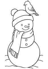 Smiling Snowman with a Little Bird on His Head, Vertical Kids Coloring Book Scene, Playful Winter Line Art Illustration in EPS Vector, Print Ready A1 ISO Design