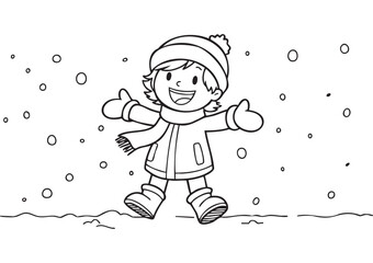 Laughing Child Enjoying Falling Snow in Winter Clothes, Happy Outdoor Scene for Kids Coloring Book, Clean Line Art Illustration in EPS Vector Format, Cozy Seasonal Design, A1 ISO Print Ready