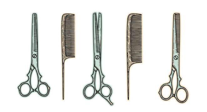 Set of professional hairstyling tools, including ornate vintage scissors and combs, depicted in a classic hand-drawn sketch style.