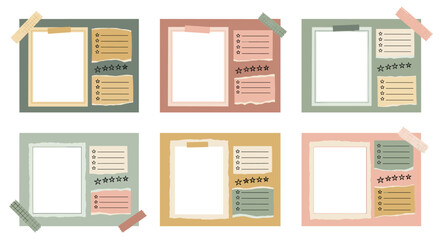 Collection of creative journal pages with checklists, star ratings, and blank spaces on layered, torn paper with washi tape.