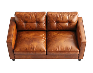 Overhead shot of a tufted, brown leather sofa on a black background