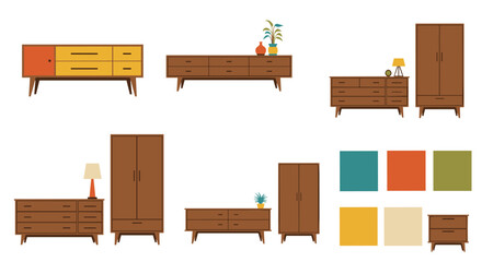 Collection of mid-century modern bedroom furniture, including wooden dressers and wardrobes, with a corresponding retro color palette.