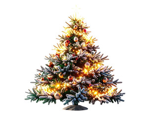 Illuminated fir tree, decorated, against black, festive, bright