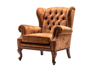 A plush, tufted, upholstered wingback chair in rich brown velvet