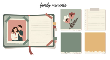 Romantic scrapbook layout with a 'family moments' theme, featuring a couple's photo, blank notes, and floral sticker elements.