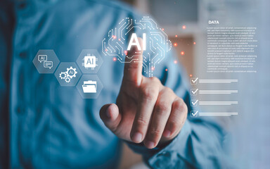 The concept of AI agents and artificial intelligence envisions humans using their hands to interact with virtual AI interfaces for analysis, communication, and advanced business technology systems.