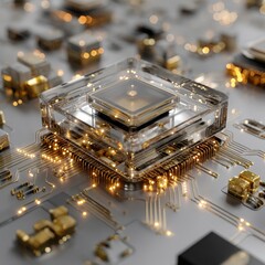 Close-Up View of Transparent Microchip with Golden Circuit Board Elements