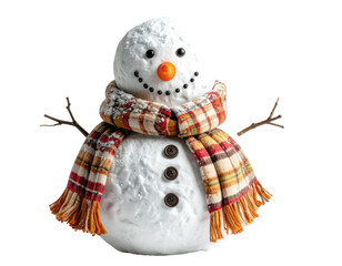 A cheerful snowman made of snow, wearing a plaid scarf