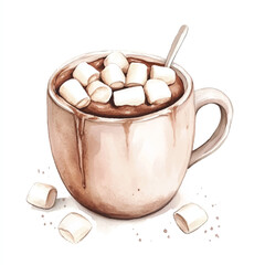 Watercolor Hot Chocolate with Marshmallows in a Cozy Mug.