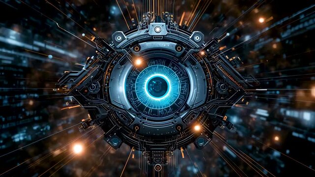 Futuristic mechanical core with glowing blue circular center and radiating metallic components in dark space