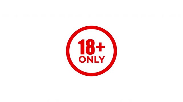 18 plus only icon sign animation on white background for warning restricted and adult content. 4K video quality.