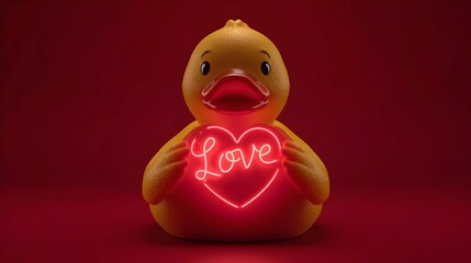 A yellow rubber duck centered against a dark red background, holding a glowing neon pink heart that says "Love" in cursive.