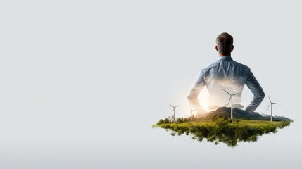 Person Contemplating Nature with Wind Turbines in Background and Reflection
