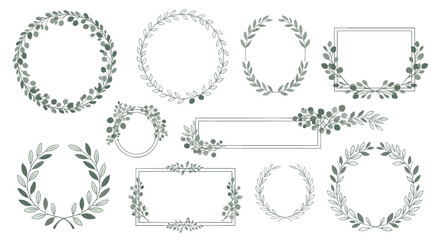 Obraz premium Collection of elegant watercolor frames and wreaths made of green eucalyptus leaves and branches, perfect for wedding invitations and stationery.