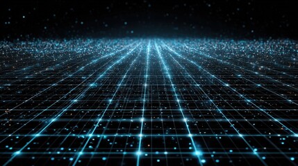 Futuristic Digital Landscape with Glowing Grid and Sparkling Particles