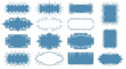 Set of blue winter and Christmas themed frames and labels, decorated with delicate snowflakes, frosty branches, and icicles for holiday designs.
