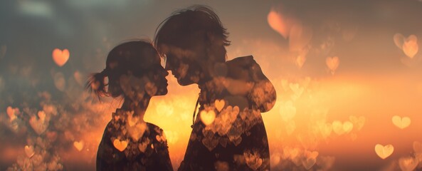 Premium Double Exposure Valentine Romance of Couple Silhouette with Sunset Sky and Floating Heart Bokeh