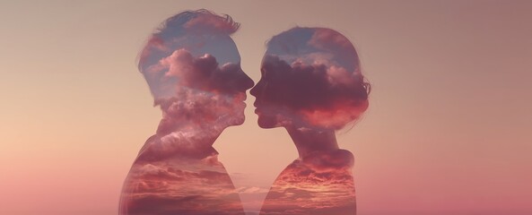 Romantic Cinematic Valentine Scene with Couple Silhouette Blended into Soft Sunset Horizon