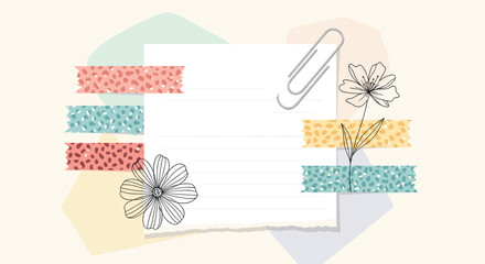 Aesthetic composition with a blank lined paper note, decorated with washi tape, a paper clip, and hand-drawn flower sketches for journaling.
