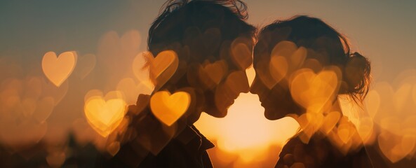 Premium Double Exposure Valentine Romance of Couple Silhouette with Sunset Sky and Floating Heart Bokeh