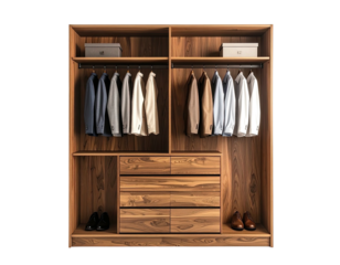Wooden wardrobe with clothes hanging and drawers, organized