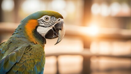 Fototapeta premium Vibrant colorful parrot with detailed plumage and strong beak, looking to the side in a bright natural setting
