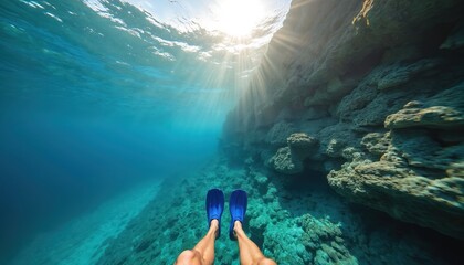 First person view diver with blue fins swims near rocky cliff underwater. Sunlight beams through clear turquoise ocean water. Explore marine life and coastal cave.