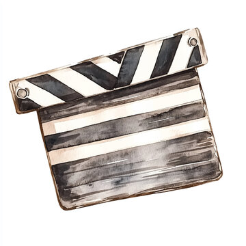 Watercolor illustration of a classic movie clapperboard with black and white stripes.