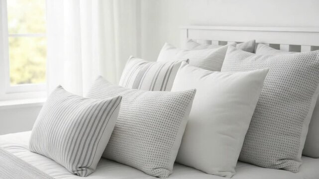 Cozy Bed Scene With Multiple White Pillows Featuring Various Textures And Patterns With Natural Light From Window