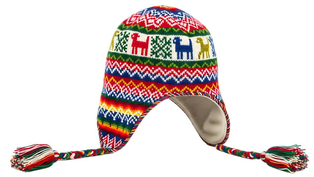 Woven alpaca wool chullo hat with earflaps isolated on transparent background