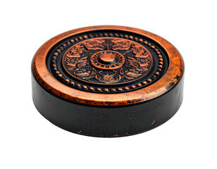 Ornate copper-toned lid with detailed floral/figure reliefs