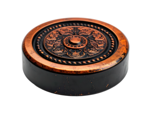 Ornate copper-toned lid with detailed floral/figure reliefs