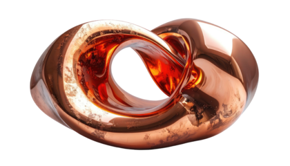 A polished copper Mobius strip, reflecting light against a black backdrop