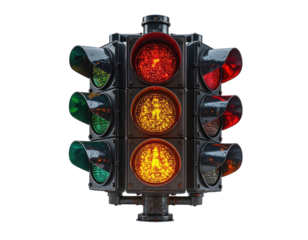 Close-up of a traffic signal with red, yellow, and green lights illuminated