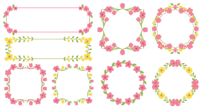 Set of beautiful spring and summer floral frames and wreaths, featuring pink cherry blossoms and yellow flowers with green leafy vines.