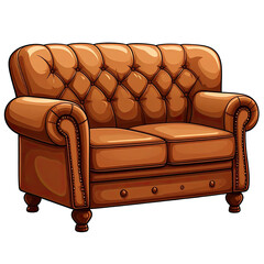 Brown tufted leather loveseat with rolled arms and button details