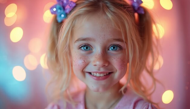 Close up portrait of a happy young girl with blue eyes and freckles. She has blonde pigtails with sparkly bows and wears pink clothing. Bokeh lights in the background add a festive mood.