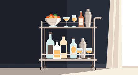 Stylish bar cart with a variety of alcoholic beverages, cocktail shakers, glassware, and a bowl of fruit, ready for a home party.
