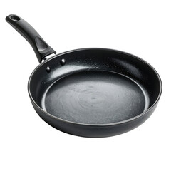 An empty, non-stick, dark-colored frying pan with a long handle