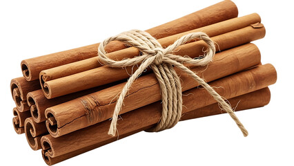 Bundle of dried cinnamon sticks with twine isolated on transparent background