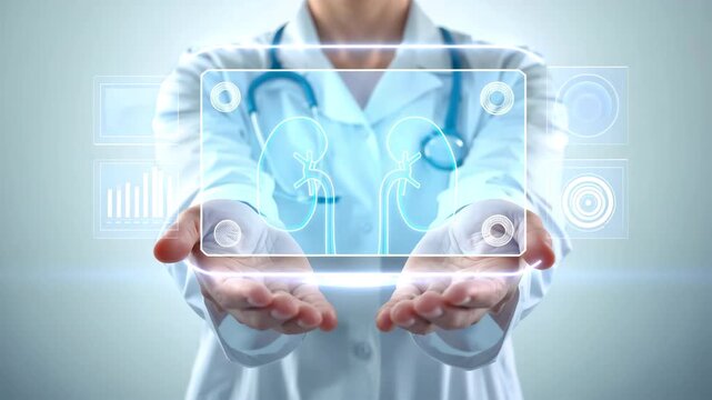 Doctor holding a transparent rectangular medical display panel with visible interface symbols and diagrams