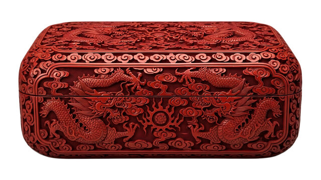 Carved cinnabar lacquer box with dragon patterns isolated on transparent background