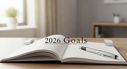Opened notebook on a wooden desk with text "2026 Goals" and a pen. Represents planning, future, personal or professional goals, aspirations, and success