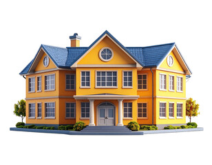 Cartoonish yellow house with blue roof, trees, and dark backdrop